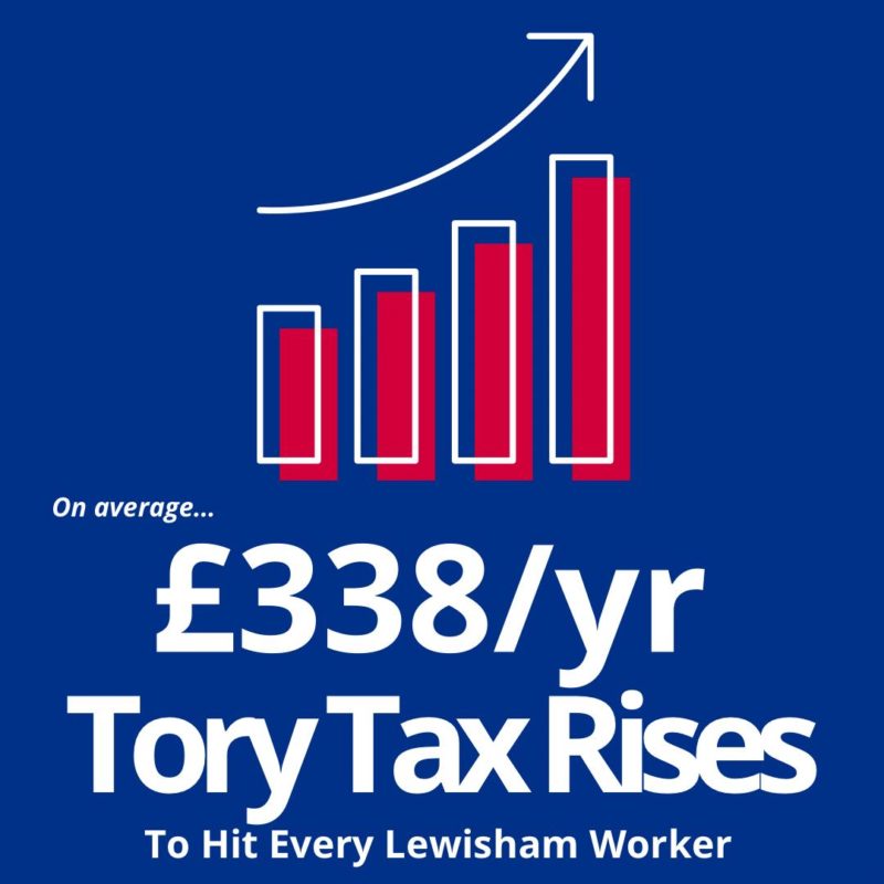 Blue bar chart graphic showing the Tory National Insurance rise for Lewisham workers