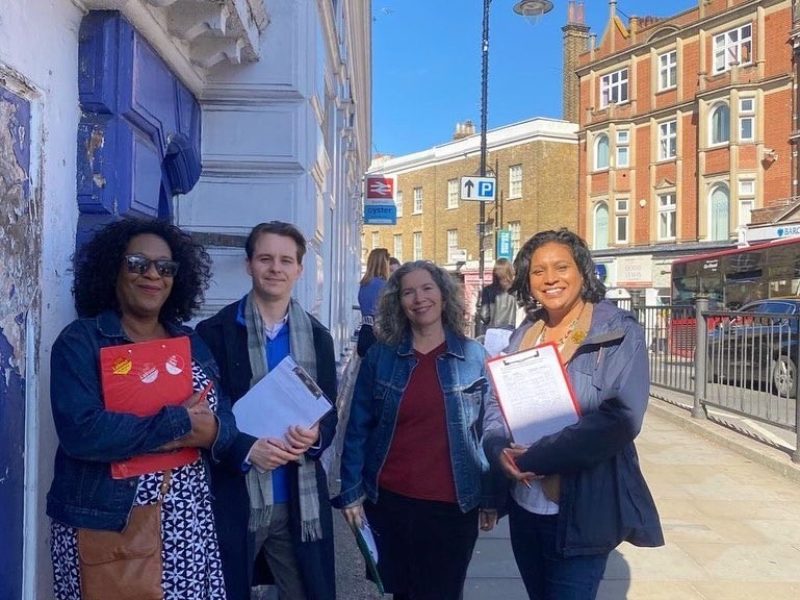 Janet Daby MP and Blackheath Cllrs Juliet Campbell, Amanda de Ryk and Luke Warner collecting signatures outside Blackheath station. 