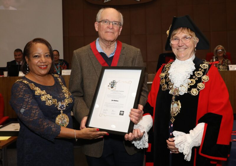 Jim Mallory with Mayor Brenda Dacres and Speaker Jacq Paschoud