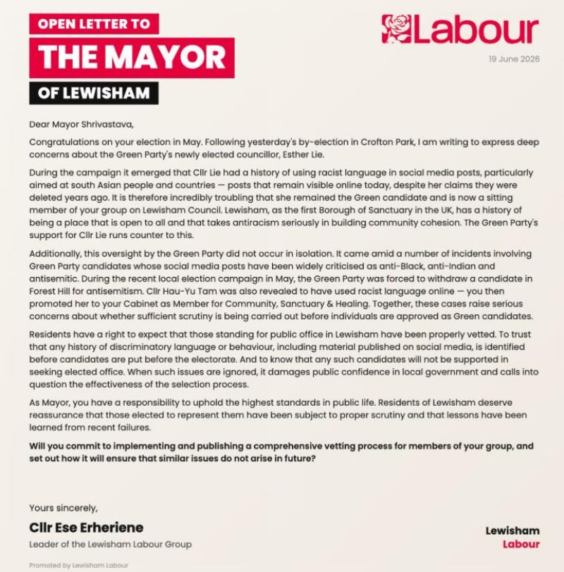Letter to Mayor of Lewisham